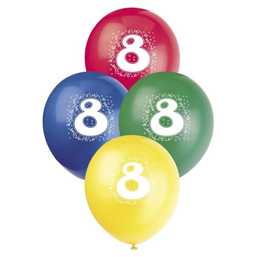 30cm No 8 - Assorted Colours Printed Balloons 6 Pack