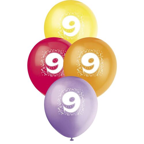 30cm No 9 - Assorted Colours Printed Balloons 6 Pack