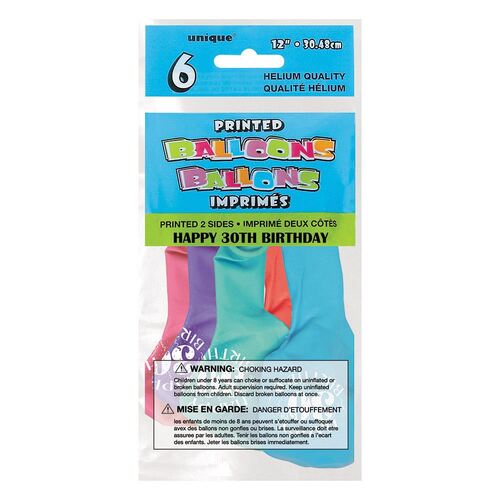 30cm 30th Birthday Printed Balloons 6 Pack