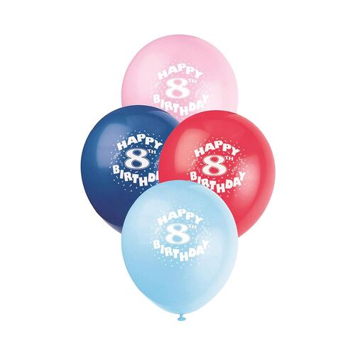 30cm 8th Birthday Printed Balloons 6 Pack