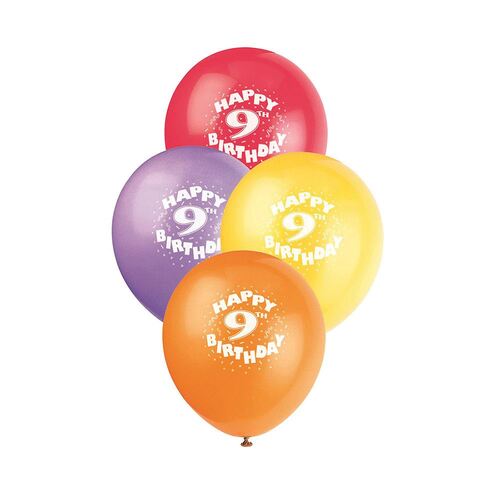 30cm 9th Birthday Printed Balloons 6 Pack