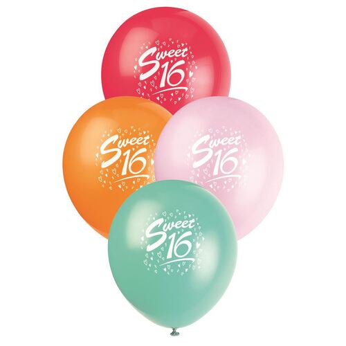 30cm Sweet 16 - Assorted Colours Printed Balloons 6 Pack