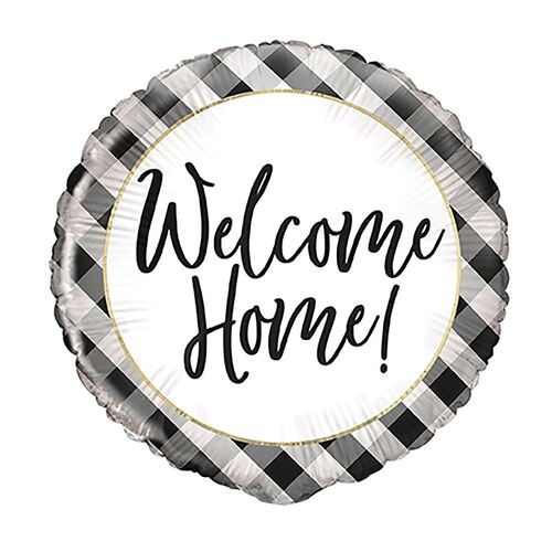 45cm Black Gingham Welcome Home Foil Balloon Packaged