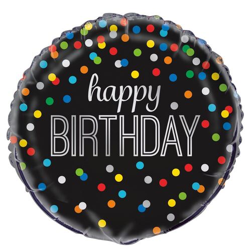 45cm Rainbow Dot Black Happy Birthday  Foil Balloon Packaged