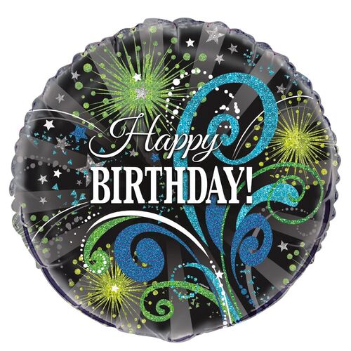45cm Black & Green Swirl Happy Birthday  Foil Balloon Packaged