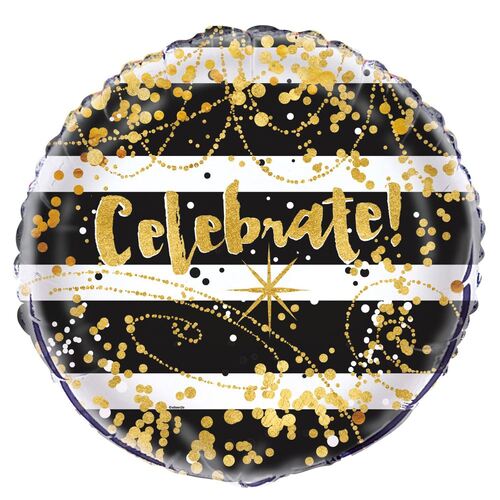45cm Black & Gold Celebrate  Foil Balloon Packaged