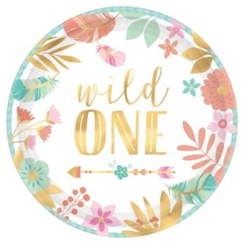 Boho Birthday Girl Round Metallic Plates - Wild One 18cm 8 Pack