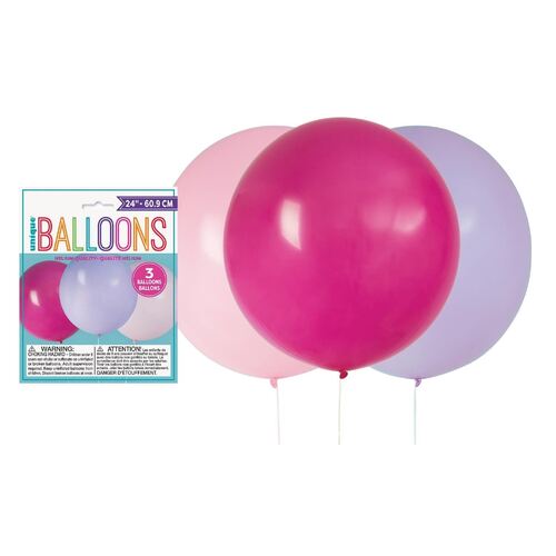 60.9cm Pink & Purple Assorted Latex Balloons 3 Pack