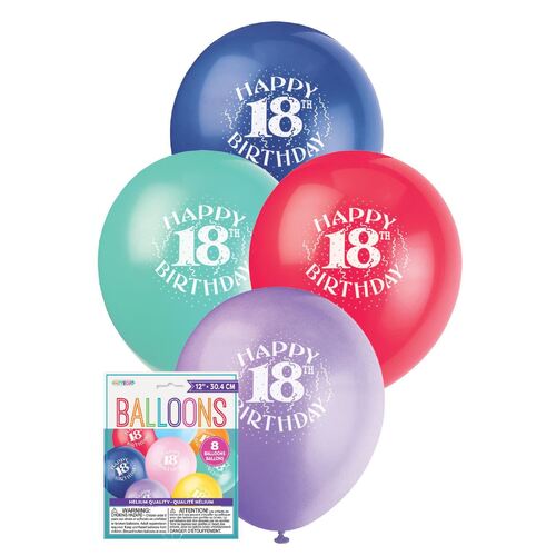 30cm  Printed Balloon -18th Happy Birthday  Printed Balloons 8 Pack