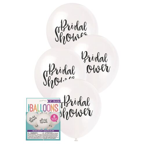 30cm Bridal Shower White Printed Balloons 8 Pack