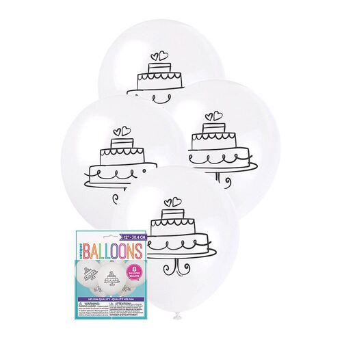 30cm Wedding Cake White Printed Balloons 8 Pack
