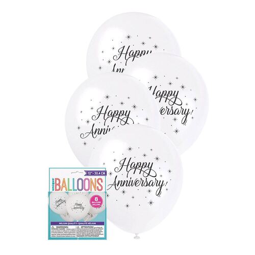 30cm Happy Anniversary White Printed Balloons 8 Pack