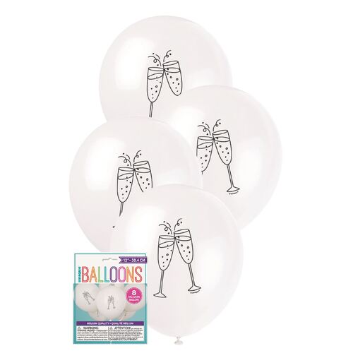 30cm Champagne Glass White Printed Balloons 8 Pack