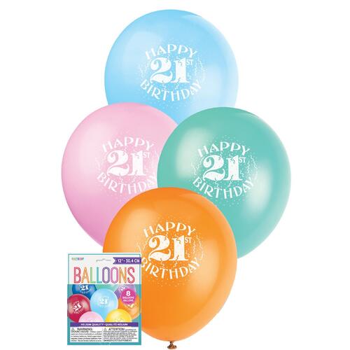 30cm  Printed Balloon -21st Happy Birthday  Printed Balloons 8 Pack