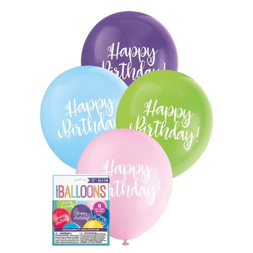 30cm  Printed Balloon - Happy Birthday  Printed Balloons 8 Pack