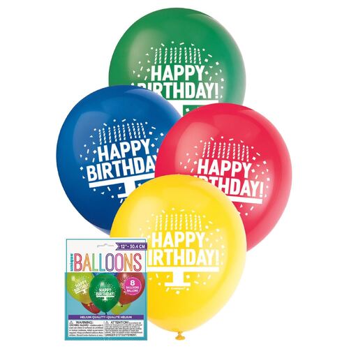 30 cm Happy Birthday Cake Balloons Assorted Primary Colours 8 Pack