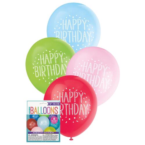 30cm  Printed Balloon - Fun Happy Birthday  Printed Balloons 8 Pack
