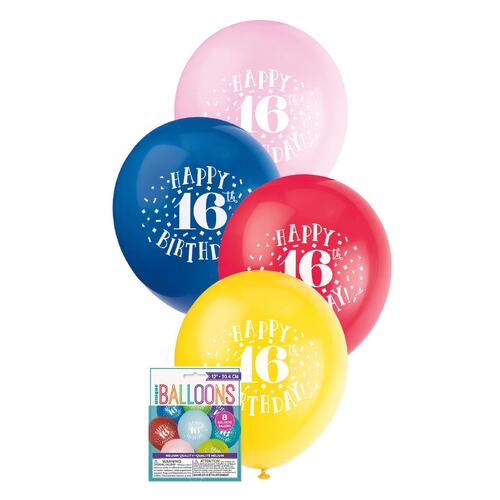 30cm  Printed Balloon - Sweet 16  Printed Balloons 8 Pack