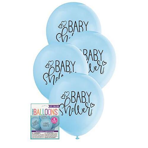 30cm Baby Shower Blue Printed Balloons 8 Pack