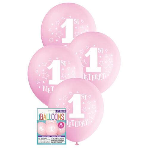30cm Printed Balloon-1st Stars Pink  Printed Balloons 8 Pack