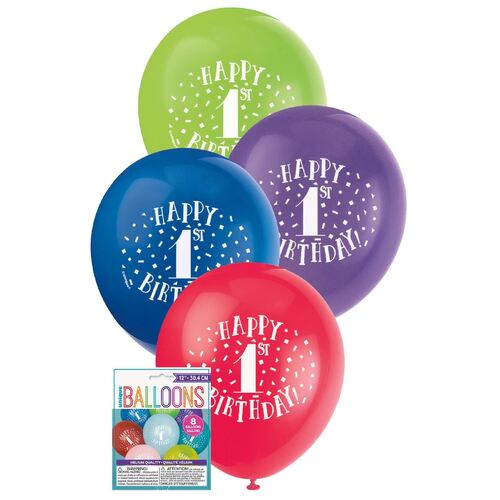 30cm Printed Balloon - 1st Happy Birthday Printed Balloons 8 Pack