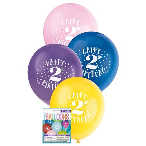 30cm Printed Balloon - 2nd Happy Birthday Printed Balloons 8 Pack