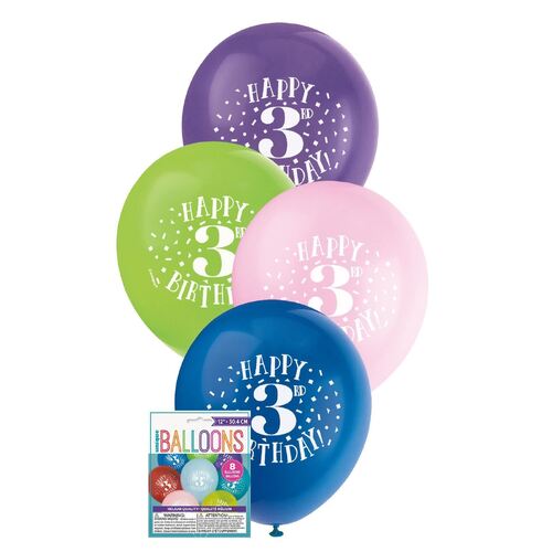 30cm Printed Balloon - 3rd Happy Birthday Printed Balloons 8 Pack