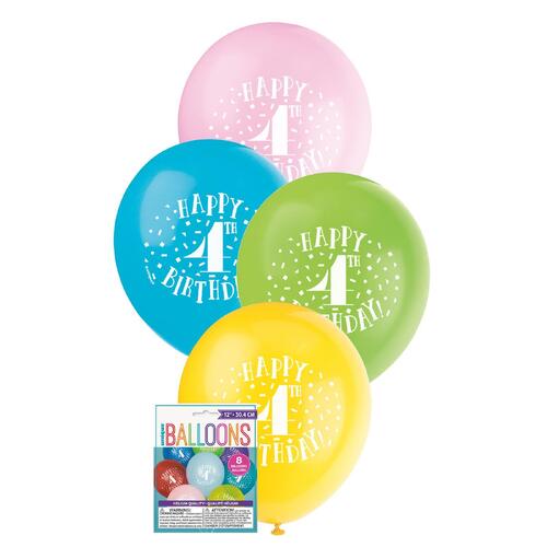 30cm Printed Balloon - 4th Happy Birthday Printed Balloons 8 Pack