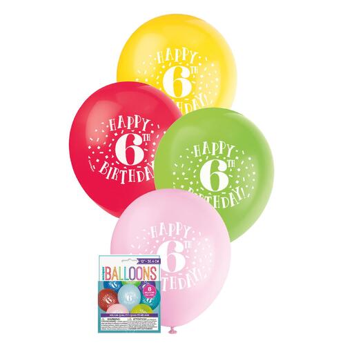 30cm Printed Balloon - 6th Happy Birthday Printed Balloons 8 Pack