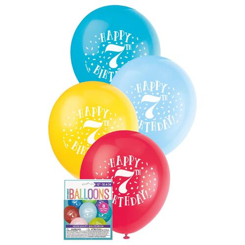 30cm Printed Balloon - 7th Happy Birthday Printed Balloons 8 Pack