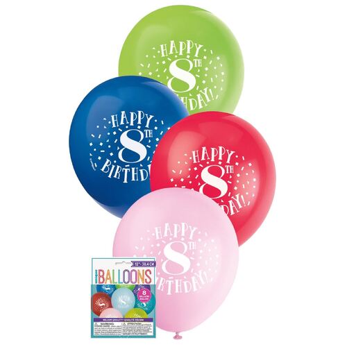 30cm Printed Balloon - 8th Happy Birthday Printed Balloons 8 Pack