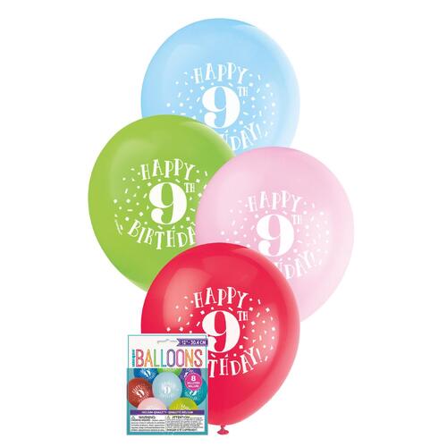 30cm Printed Balloon - 9th Happy Birthday Printed Balloons 8 Pack