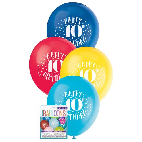 30cm Printed Balloon -10th Happy Birthday Printed Balloons 8 Pack