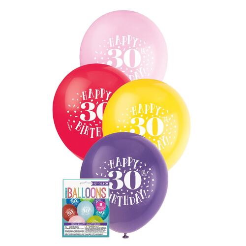 30cm Printed Balloon -30th Happy Birthday Printed Balloons 8 Pack