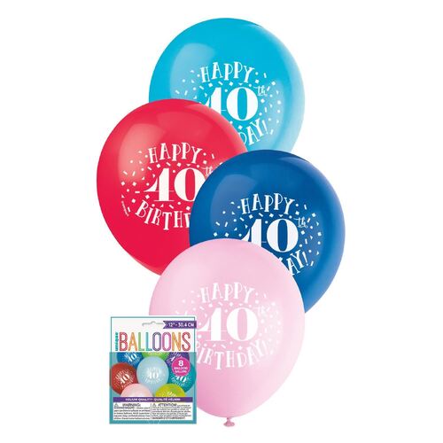 30cm Printed Balloon -40th Happy Birthday Printed Balloons 8 Pack