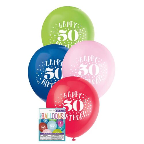 30cm Printed Balloon -50th Happy Birthday Printed Balloons 8 Pack