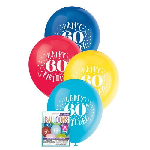 30cm Printed Balloon -60th Happy Birthday Printed Balloons 8 Pack