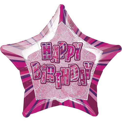 50cm Glitz Pink Happy Birthday Star Foil Balloon Packaged