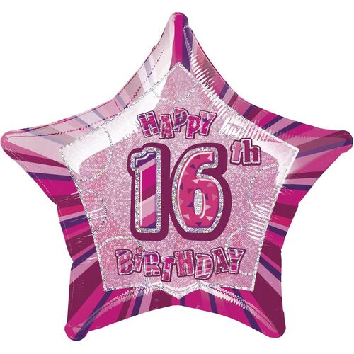 50cm Glitz Pink 16th Birthday Star Foil Balloon Packaged