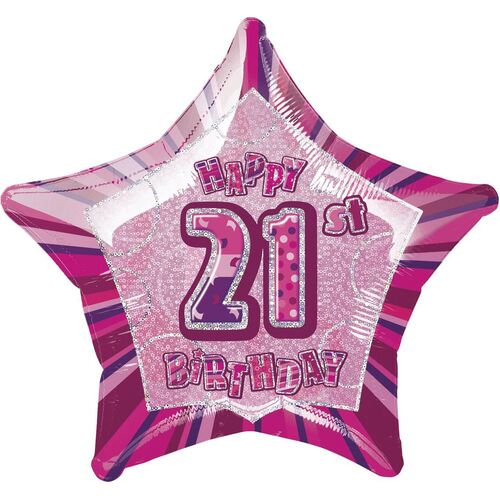 50cm Glitz Pink 21st Birthday Star Foil Balloon Packaged