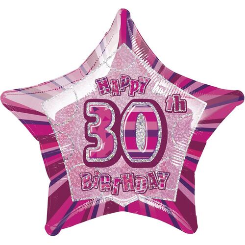 50cm Glitz Pink 30th Birthday Star Foil Balloon Packaged