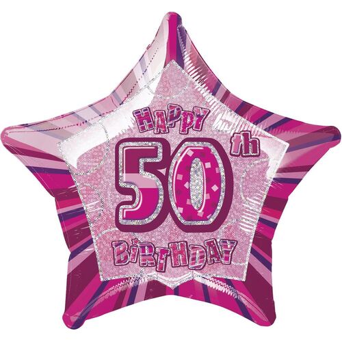 50cm Glitz Pink 50th Birthday Star Foil Balloon Packaged