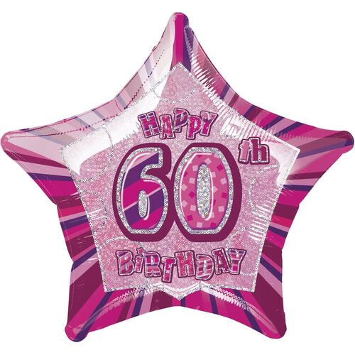 50cm Glitz Pink 60th Birthday Star Foil Balloon Packaged