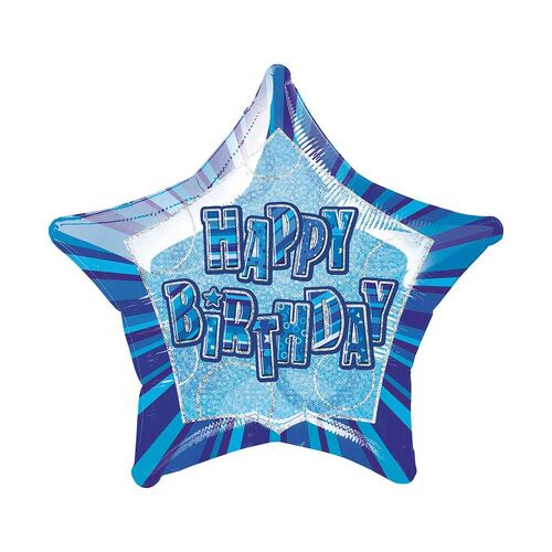 Glitz Blue Happy Birthday star 50cm Foil Balloon Packaged