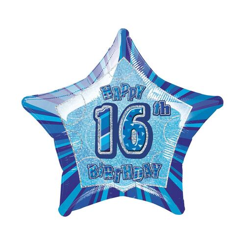 50cm Glitz Blue 16th Birthday Star Foil Balloon Packaged