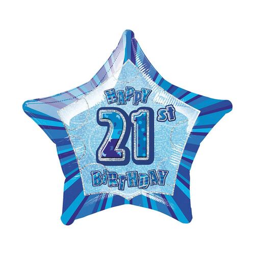 50cm Glitz Blue 21st Birthday Star Foil Balloon Packaged