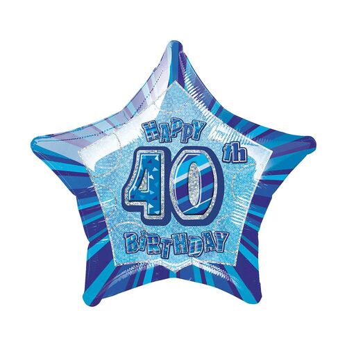 50cm Glitz Blue 40th Birthday Star Foil Balloon Packaged