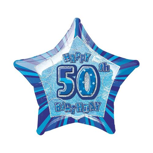 50cm Glitz Blue 50th Birthday Star Foil Balloon Packaged