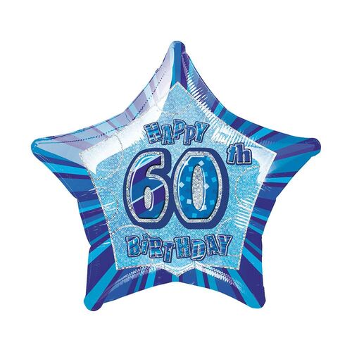 50cm Glitz Blue 60th Birthday Star Foil Balloon Packaged