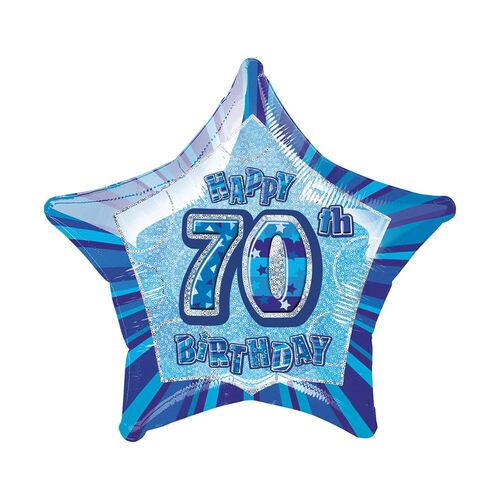 50cm Glitz Blue 70th Birthday Star Foil Balloon Packaged